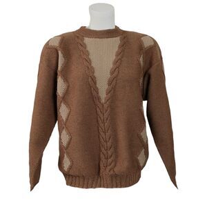 Vintage Handmade Knit Sweater Sz M Brown Tan Long Sleeve Cable Knit EUC